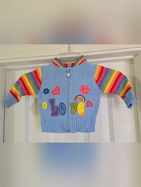 Rare Find Baby Togs Blue Kids Zip Front Sweater with Rainbow Striped Sleeves 6/9